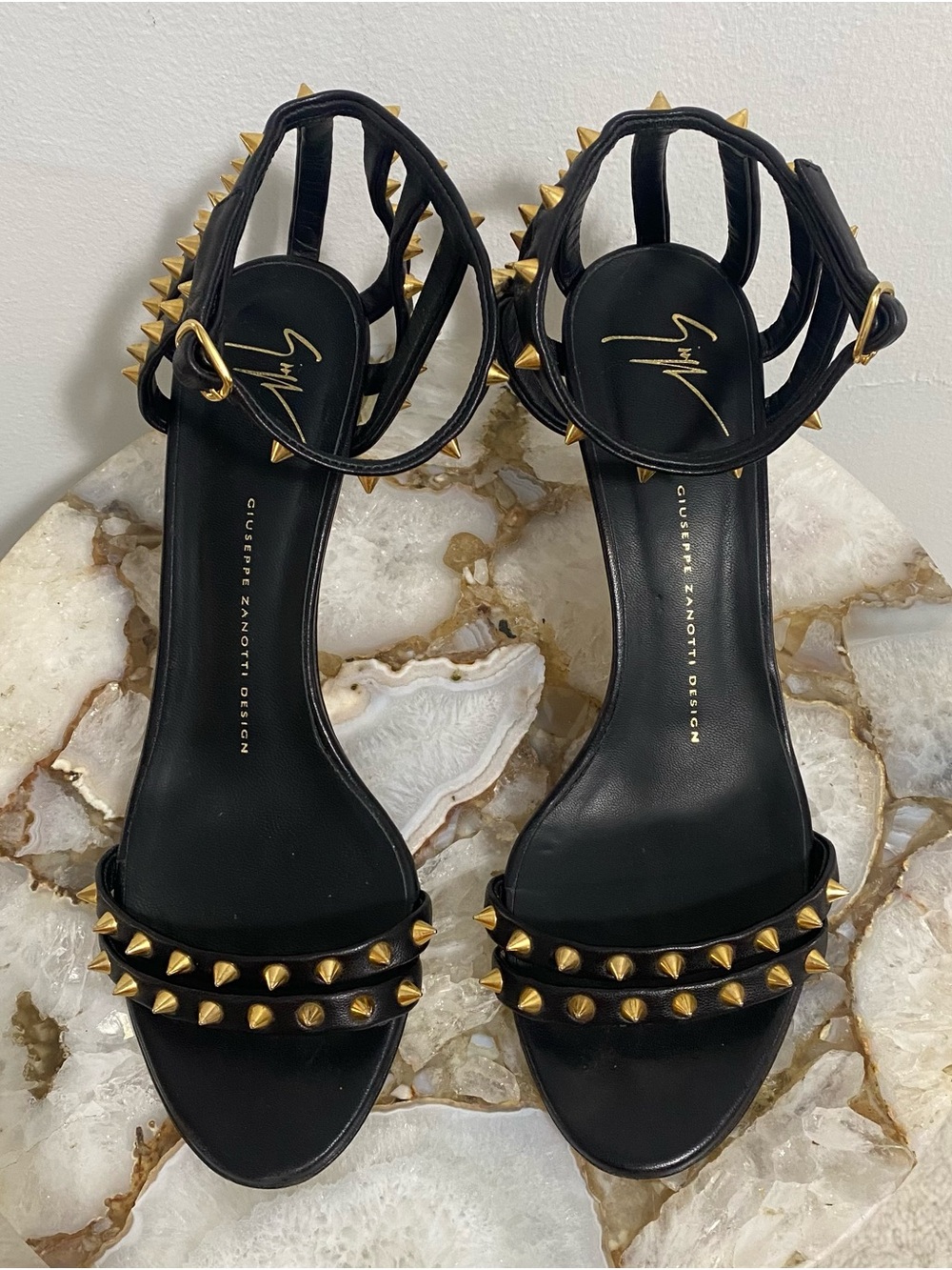 Giuseppe Zanotti Design Black Leather Studded Ankle-Strap Heels with Gold Spikes